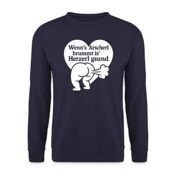 Wenns Arscherl brummt is Herzerl gsund - Unisex Pullover - Navy - Vorne - Alina (178cm) & Michal (187cm)