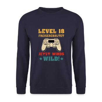 Level 18 Freigeschaltet Geburtstagsgeschenk - Unisex Pullover - Navy - Vorne - Alina (178cm) & Michal (187cm)