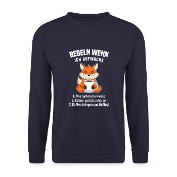 Fuchs Morgenmuffel Kaffee Regeln Wenn Ich Aufwache - Unisex Pullover - Navy - Vorne - Alina (178cm) & Michal (187cm)
