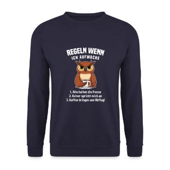 Eule Morgenmuffel Kaffee Regeln Wenn Ich Aufwache - Unisex Pullover - Navy - Vorne - Alina (178cm) & Michal (187cm)