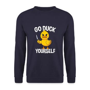 Go Duck Yourself Ente Mit Messer - Unisex Pullover - Navy - Vorne - Alina (178cm) & Michal (187cm)