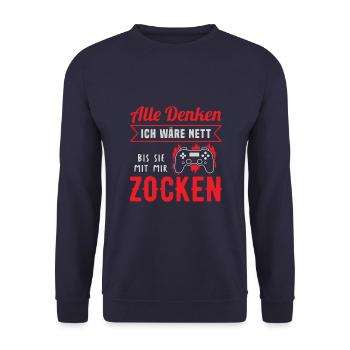 Controller Videospiel Gamer Computerspiel Zocken - Unisex Pullover - Navy - Vorne - Alina (178cm) & Michal (187cm)