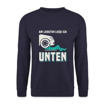 KFZ Mechaniker Mechatroniker Arbeitskleidung - Unisex Pullover - Navy - Vorne - Alina (178cm) & Michal (187cm)