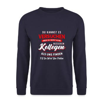Arbeitskollege Jobwechsel Ruhestand Abschied - Unisex Pullover - Navy - Vorne - Alina (178cm) & Michal (187cm)