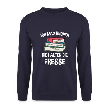 Bücher Lesen Ich Mag Bücher Die Halten Die Fresse - Unisex Pullover - Navy - Vorne - Alina (178cm) & Michal (187cm)
