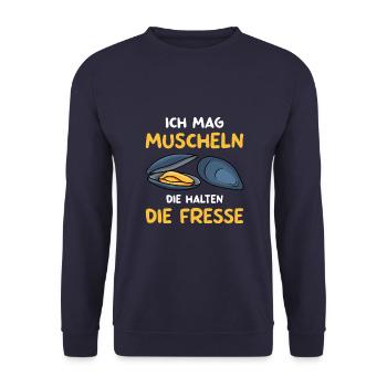 Muscheln Ich Mag Muscheln Die Halten Die Fresse - Unisex Pullover - Navy - Vorne - Alina (178cm) & Michal (187cm)