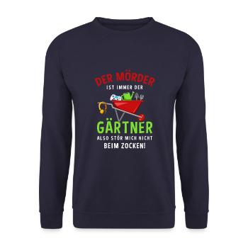 Garten Outfit Der Mörder ist immer der Gärtner - Unisex Pullover - Navy - Vorne - Alina (178cm) & Michal (187cm)