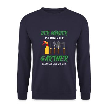 Garten Outfit Der Mörder ist immer der Gärtner - Unisex Pullover - Navy - Vorne - Alina (178cm) & Michal (187cm)