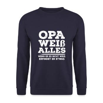 Opa Weiß Alles Großvater Opa - Unisex Pullover - Navy - Vorne - Alina (178cm) & Michal (187cm)
