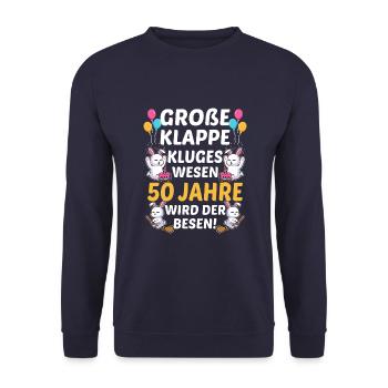 Große Klappe Kluges Wesen 50 Jahre Wird Der Besen - Unisex Pullover - Navy - Vorne - Alina (178cm) & Michal (187cm)