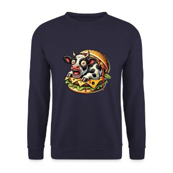 Skurriler Halloween Burger Horror Fleischironisch - Unisex Pullover - Navy - Vorne - Alina (178cm) & Michal (187cm)