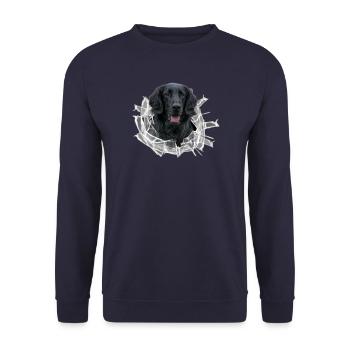 Flat Coated Retriever im Glasloch - Unisex Pullover - Navy - Vorne - Alina (178cm) & Michal (187cm)