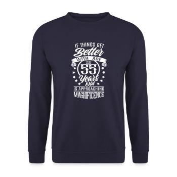 55 years - When things get better with age - Unisex Sweatshirt - navy - Front - Alina (178cm) & Michal (187cm)