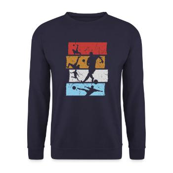 Fußball T-Shirt Retro Vintage Fußballspieler - Unisex Pullover - Navy - Vorne - Alina (178cm) & Michal (187cm)