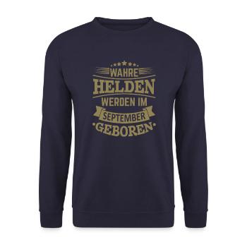 Wahre Helden werden im September geboren - Unisex Pullover - Navy - Vorne - Alina (178cm) & Michal (187cm)
