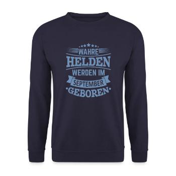 Wahre Helden werden im September geboren - Unisex Pullover - Navy - Vorne - Alina (178cm) & Michal (187cm)
