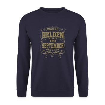 Wahre Helden werden im September geboren - Unisex Pullover - Navy - Vorne - Alina (178cm) & Michal (187cm)