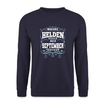 Wahre Helden werden im September geboren - Unisex Pullover - Navy - Vorne - Alina (178cm) & Michal (187cm)