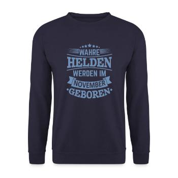 Wahre Helden werden im November geboren - Unisex Pullover - Navy - Vorne - Alina (178cm) & Michal (187cm)