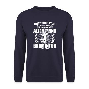 Alter Mann der Badminton spielt - Unisex Pullover - Navy - Vorne - Alina (178cm) & Michal (187cm)