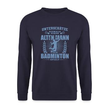 Alter Mann der Badminton spielt - Unisex Pullover - Navy - Vorne - Alina (178cm) & Michal (187cm)