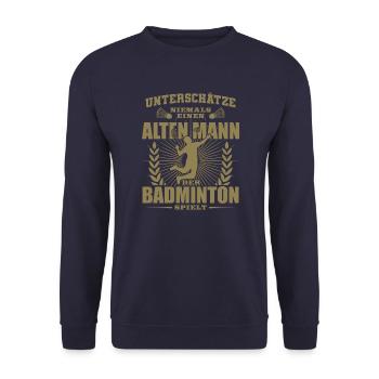 Alter Mann der Badminton spielt - Unisex Pullover - Navy - Vorne - Alina (178cm) & Michal (187cm)