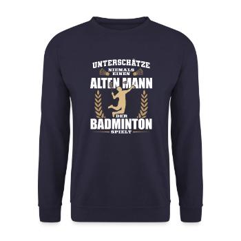 Alter Mann der Badminton spielt - Unisex Pullover - Navy - Vorne - Alina (178cm) & Michal (187cm)
