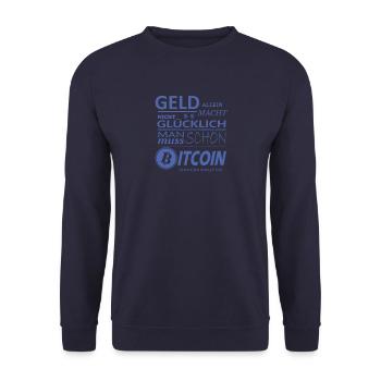 Bitcoin Sprüche Geld allein macht nicht glücklich - Unisex Pullover - Navy - Vorne - Alina (178cm) & Michal (187cm)