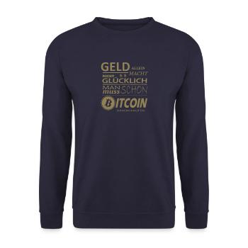 Bitcoin Sprüche Geld allein macht nicht glücklich - Unisex Pullover - Navy - Vorne - Alina (178cm) & Michal (187cm)
