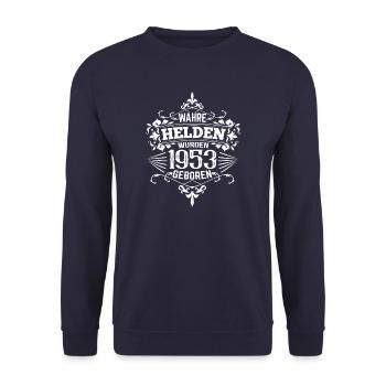 Wahre Helden wurden 1953 geboren - Unisex Pullover - Navy - Vorne - Alina (178cm) & Michal (187cm)