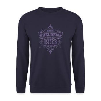 Wahre Helden wurden 1953 geboren - Unisex Pullover - Navy - Vorne - Alina (178cm) & Michal (187cm)