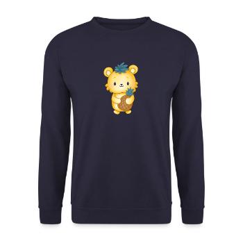 Bär mit Ananas in der Hand und Ananasblätter auf - Unisex Pullover - Navy - Vorne - Alina (178cm) & Michal (187cm)