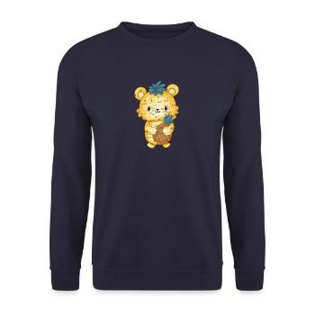 Bär mit Ananas in der Hand und Ananasblätter auf - Unisex Pullover - Navy - Vorne - Alina (178cm) & Michal (187cm)