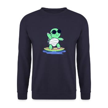 Kawaii Schildkröte auf Surfbrett mit Sonnenbrille - Unisex Pullover - Navy - Vorne - Alina (178cm) & Michal (187cm)