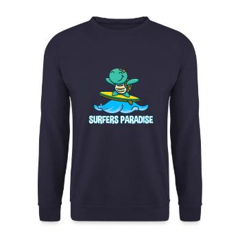 Cute kawaii turtle on surfboard with surfers - Unisex Sweatshirt - navy - Front - Alina (178cm) & Michal (187cm)