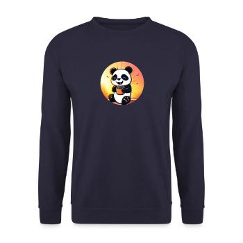 Süßer Panda sitzt und trinkt KAFFEE - Unisex Pullover - Navy - Vorne - Alina (178cm) & Michal (187cm)