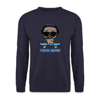 Lustiger Mops auf Skateboard mit Kopfhörern - Unisex Pullover - Navy - Vorne - Alina (178cm) & Michal (187cm)