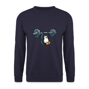 Lustiger Pinguin Fitness Hantel Cartoon Design - Unisex Pullover - Navy - Vorne - Alina (178cm) & Michal (187cm)