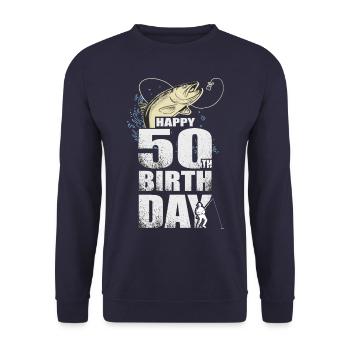 Anglergeschenk Happy 50th Birthday 50. Geburtstag - Unisex Pullover - Navy - Vorne - Alina (178cm) & Michal (187cm)