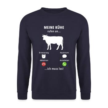 Meine Kühe rufen an - ich muss los - Spruch - Unisex Pullover - Navy - Vorne - Alina (178cm) & Michal (187cm)