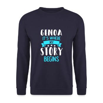 Spruch Genua ist wo meine Geschichte beginnt. - Unisex Pullover - Navy - Vorne - Alina (178cm) & Michal (187cm)