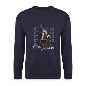 Lustiger Cartoon Geier Bestatter TickTock Wach Auf - Unisex Pullover - Navy - Vorne - Alina (178cm) & Michal (187cm)