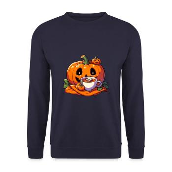 Halloweenkürbis trinkt eine Tasse Tee - Unisex Pullover - Navy - Vorne - Alina (178cm) & Michal (187cm)