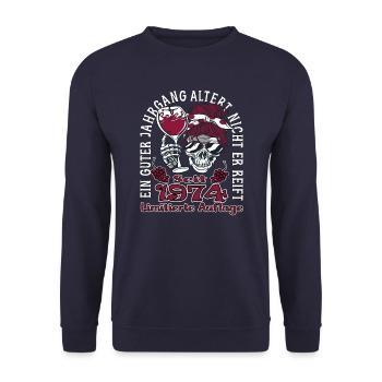 49. Geburtstag 1974 49er Guter Jahrgang - Unisex Pullover - Navy - Vorne - Alina (178cm) & Michal (187cm)