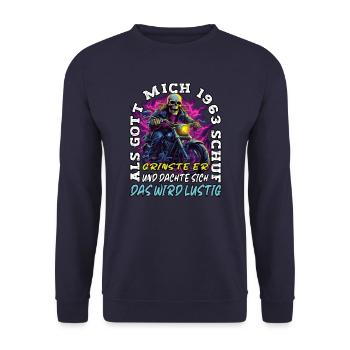 61. Geburtstag als Gott mich schuf Motorrad 1963 - Unisex Pullover - Navy - Vorne - Alina (178cm) & Michal (187cm)