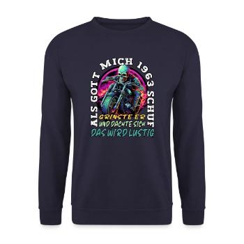 61. Geburtstag als Gott mich schuf Motorrad 1963 - Unisex Pullover - Navy - Vorne - Alina (178cm) & Michal (187cm)