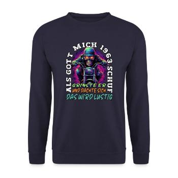 61. Geburtstag als Gott mich schuf Motorrad 1963 - Unisex Pullover - Navy - Vorne - Alina (178cm) & Michal (187cm)
