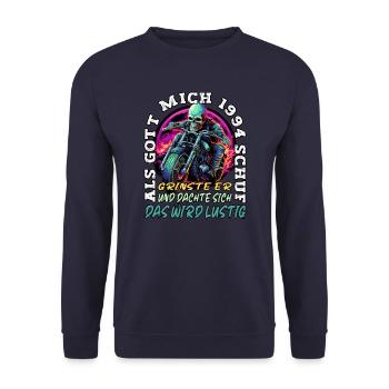 29. Geburtstag als Gott mich schuf Motorrad 1994 - Unisex Pullover - Navy - Vorne - Alina (178cm) & Michal (187cm)