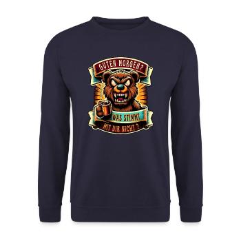 Guten Morgen Teddybär Morgenmuffel Lustiger Spruch - Unisex Pullover - Navy - Vorne - Alina (178cm) & Michal (187cm)
