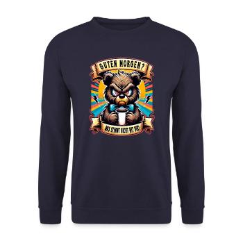 Guten Morgen Teddybär Morgenmuffel Lustiger Spruch - Unisex Pullover - Navy - Vorne - Alina (178cm) & Michal (187cm)